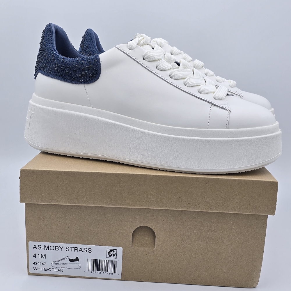 ASH Moby Strass Platform Sneakers, White/Ocean (Blue Rhinestones), EU 41M/U.S.
